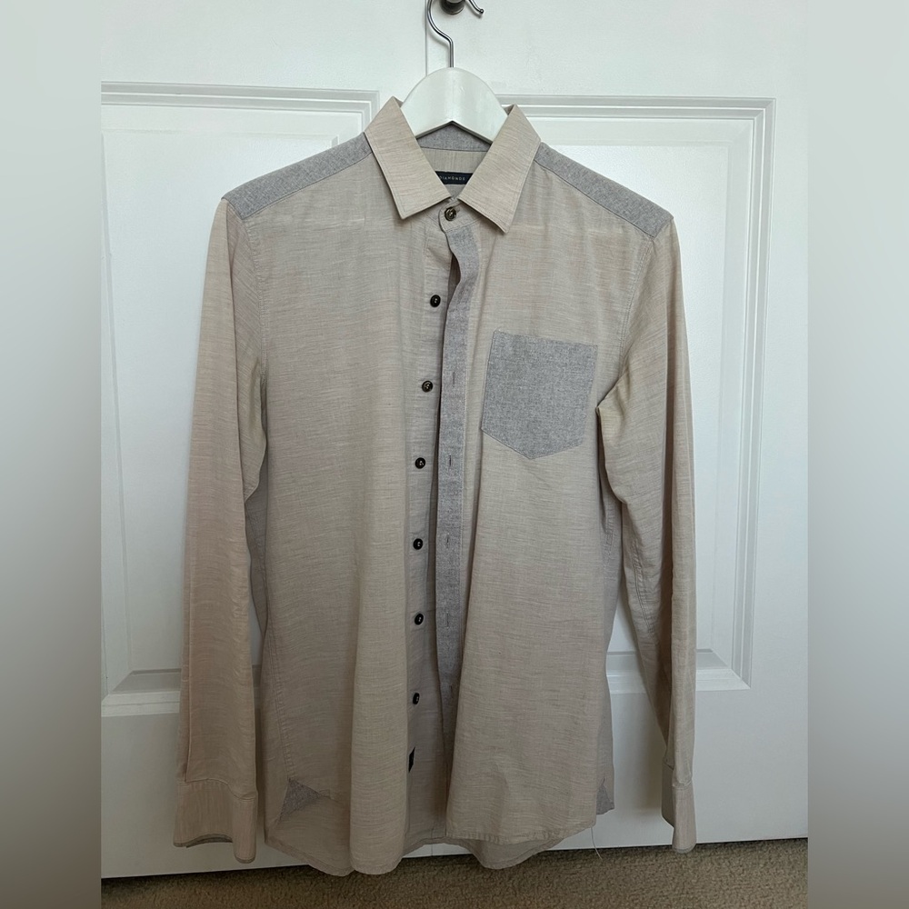 Men's Beige and Gray Button-Up Shirt